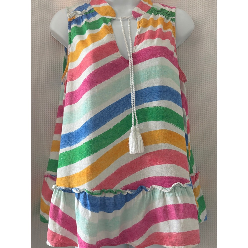 Crown & Ivy Womens Small Rainbow Stripe Linen Blend Tassel Peplum Sleeveless Top